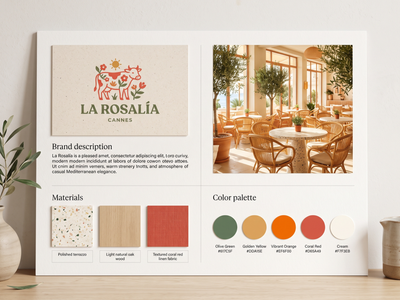 Brand concept board for a local restaurant with logo, color palette and storefront