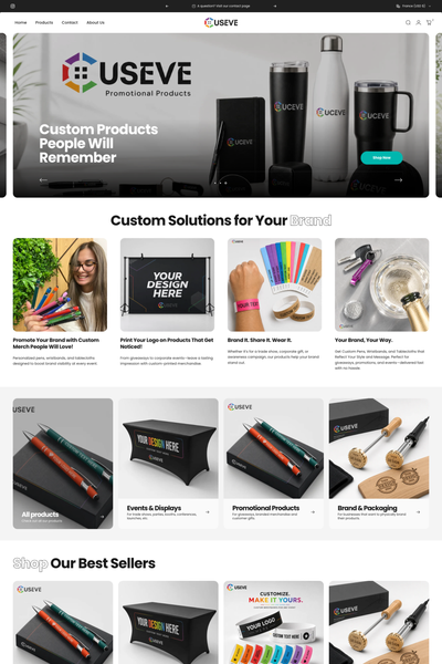 Redesigned online store homepage for custom drinkware with a product grid